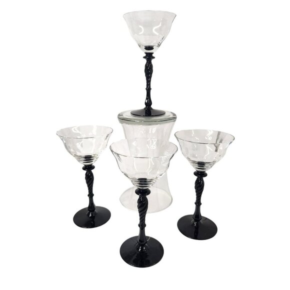 Luminarc Black Twisted Stem Cocktail Glasses Set of 4 Vintage 6 oz Clear Bowl El - Picture 1 of 6